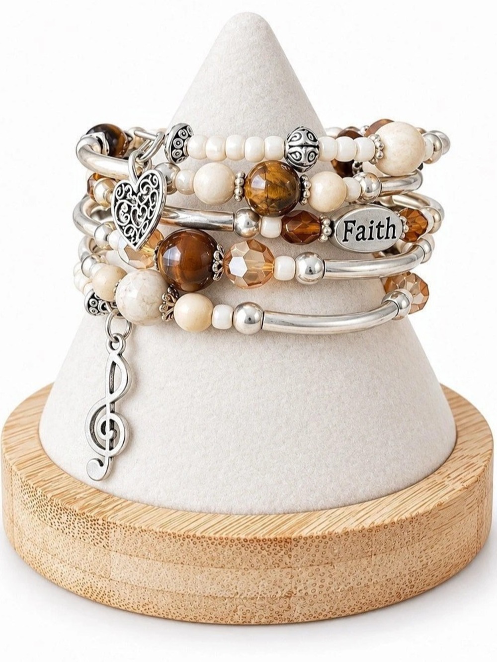 Faith Charm Wrap Bracelet Silver Tone Amber Cream Beaded Boho Statement